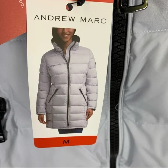 Andrew Marc Light Grey Quilted Hooded Lined Long Stretch Winter Jacket Medium - Picture 3 of 7
